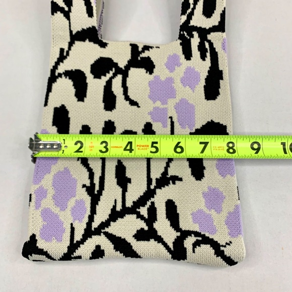 2 knit boho wrists purse totes, black white ribbon and lavender floral pattern - Picture 5 of 14